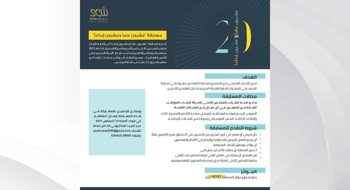 بمناسبة الذكرى الـ 20 لتأسيس المجلس ومجموع جوائز 4 آلاف دينار .. "شبابية الأعلى للمرأة" تطلق مسابقة "عشرون عاماً وعشرون إبداعاً"
